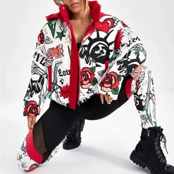 NWT Stylish Graphic Winter Puffer Jacket - Picture 12 of 16